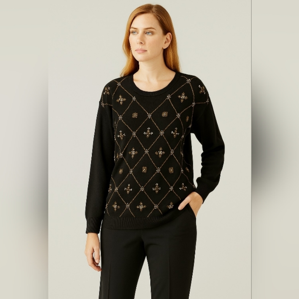 Victoria Harbour Black with Gold Tone Embellished Beading 90's Sweater M Holiday